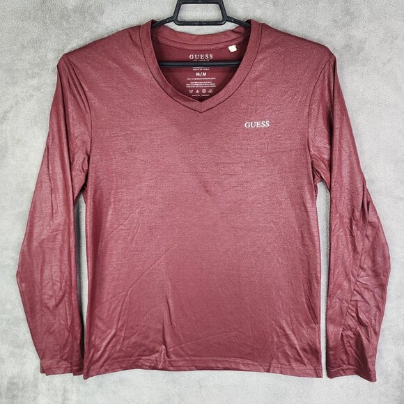 Mens Burgundy Guess Shirt Long Sleeve V-Neck Polyester Size M - Picture 2 of 8